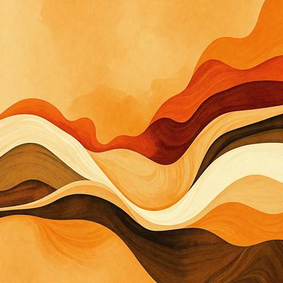 The primary subject of the image is a painting of a mountain landscape. The setting is a brown and orange background, which adds to the warm and natural atmosphere of the scene. The visual style is a combination of digital art and illustration, creating a unique and artistic representation of the mountain landscape. The colors and mood of the painting evoke a sense of tranquility and connection to nature.